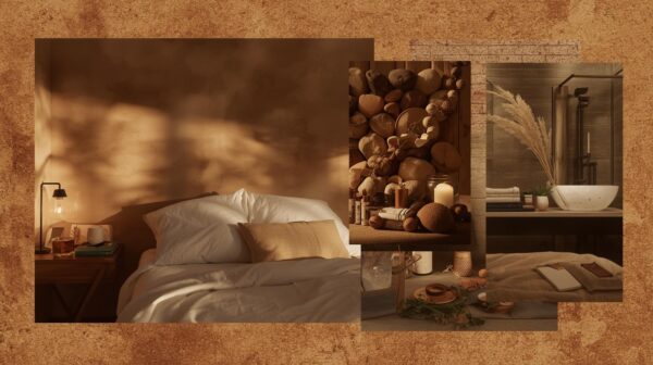 Collage de ambientes sensoriales,Descripción_ Varias escenas_ dormitorio con vapor, escritorio con esencia, baño con luz tenue._ Emoción que transmite_ Versatilidad, inspiración, bienestar integral. Humificador color rosado